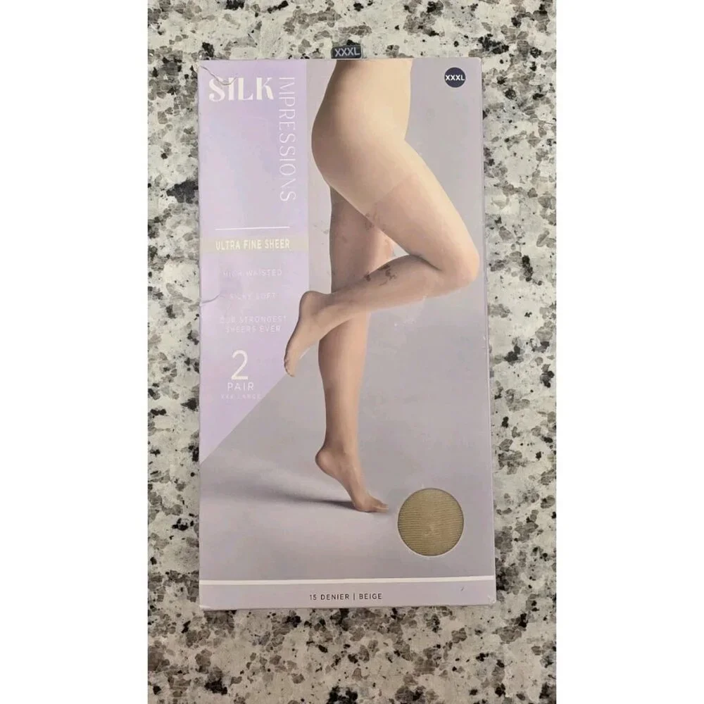 Silk Impressions XXXL 2 Pair 15 Denier Beige Sheer High Waist Pantyhose‎
